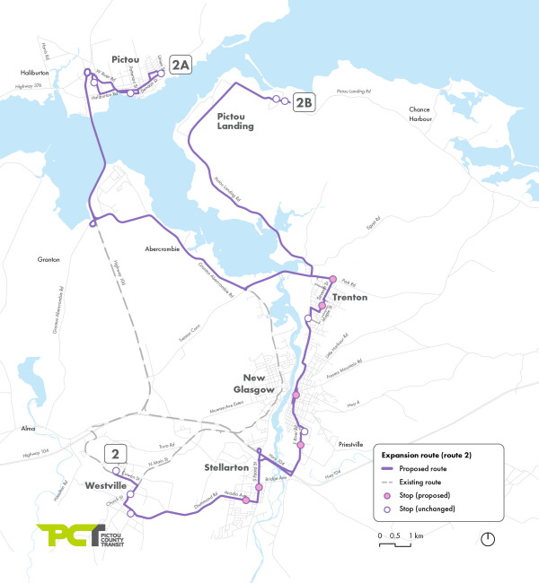 A transit map for Pictou County Transit showing the proposed expansion of Route 2. The map outlines both existing and proposed routes, along with bus stops. Towns included in the route are Pictou, Pictou Landing, Trenton, New Glasgow, Stellarton, and Westville.