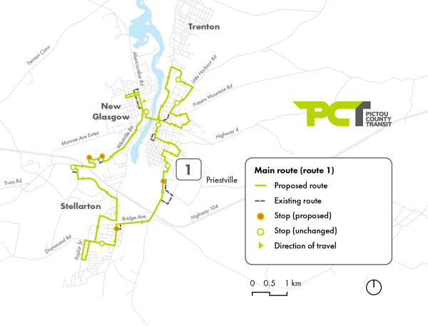 Transit map for Pictou County Transit showing both proposed and existing bus routes across New Glasgow and Stellarton.