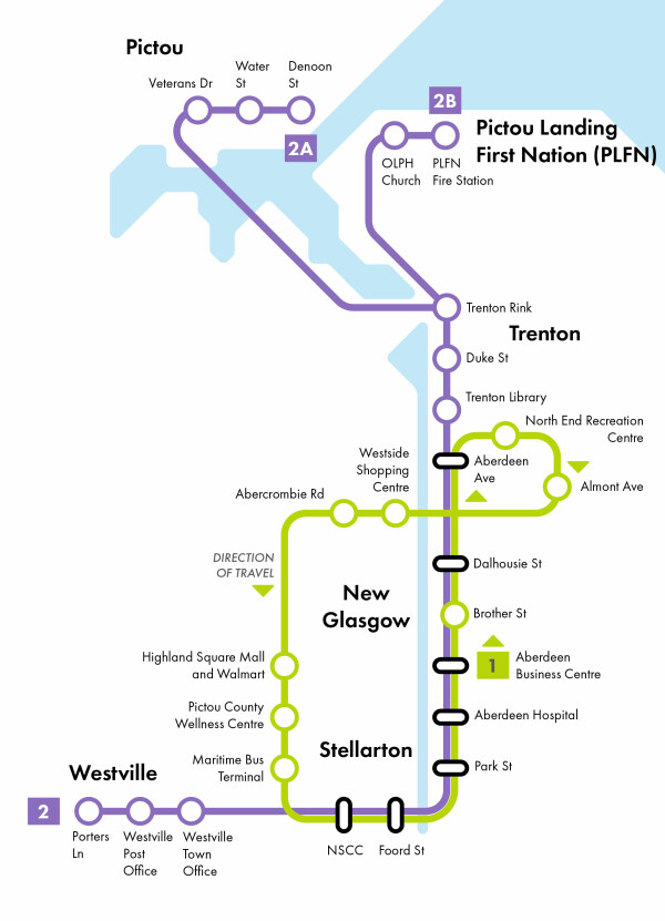 Simplified network map of Pictou County Transit, showing routes 1 and 2